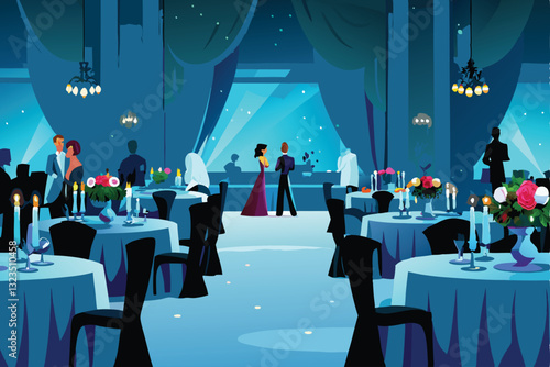 Capture a vibrant, upscale fundraiser dinner scene; elegantly decorated tables, smiling guests interacting,  attentive service staff.