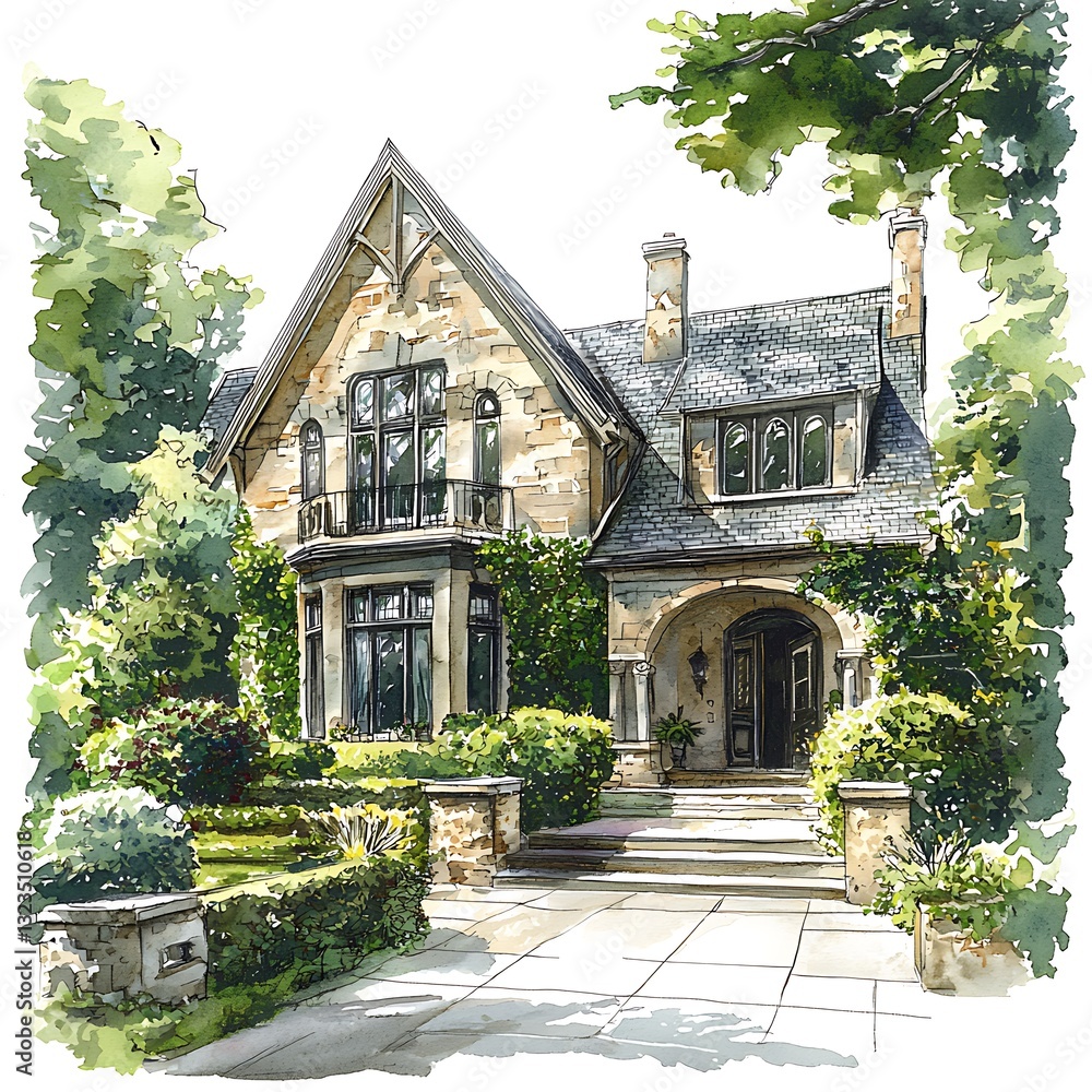 Elegant Stone House with Lush Greenery Architectural Illustration. Elegant Stone House with Lush Greenery Architectural Illustration.