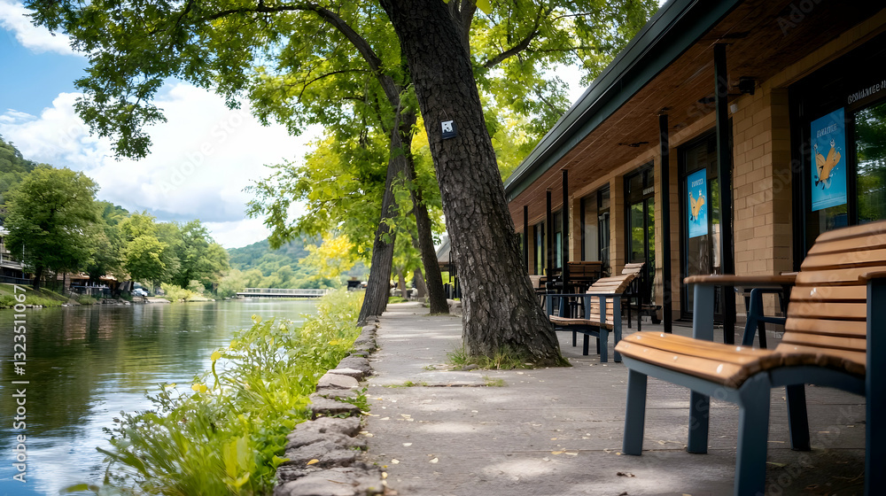 A serene waterside view of a building and nature scenes A serene waterside view of a building and nature scenes
