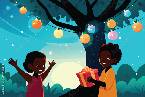 Create a vibrant vector illustration of diverse children excitedly exchanging gifts during a festive occasion.  Show happy expressions and lively interactions.