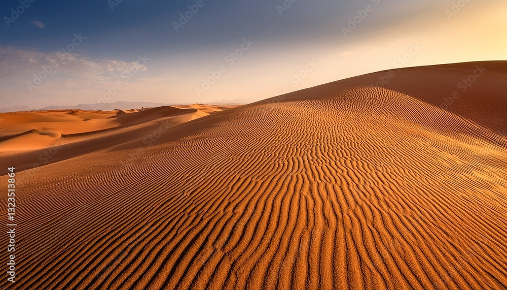Naklejka premium Golden Sand Dune Serenity. Close-up soft dunes, wavy wind patterns. Warm desert tones. Timeless & tranquil landscape.