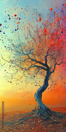 Artistic tree in vibrant colors against gradient background