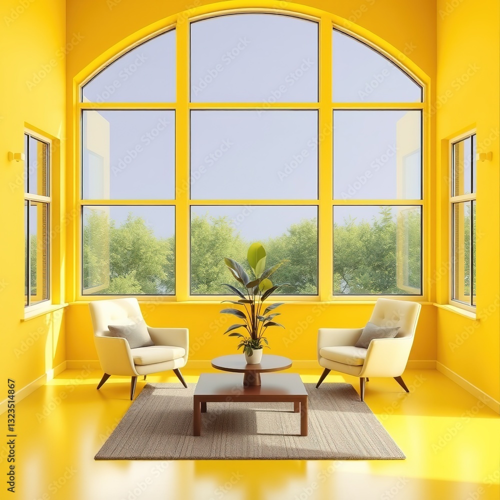 Fototapeta premium Bright Yellow Room with Large Windows and Cozy Seating