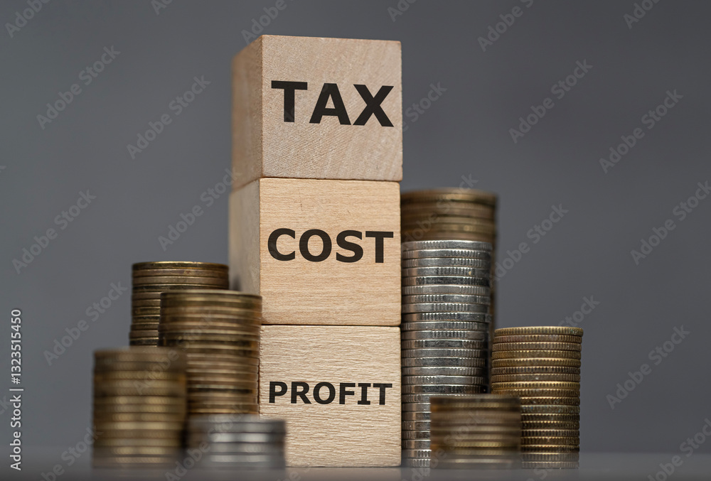 koncepcja zarządzania biznesem, ułożone monety, kostki z napisami: TAX, COST, PROFIT