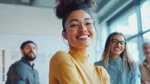 Confident Gen Z Woman Leading a Team in Modern Office, Brainstorming with Sticky Notes on Whiteboard, Collaboration and Innovation at Work, Casual Style.