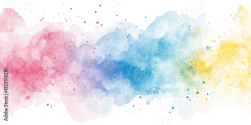 Watercolor colorful pastel color background splash, with pink, blue, and yellow on a white background.