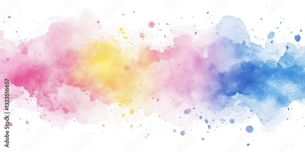 Obraz premium Watercolor colorful pastel color background splash, with pink, blue, and yellow on a white background.