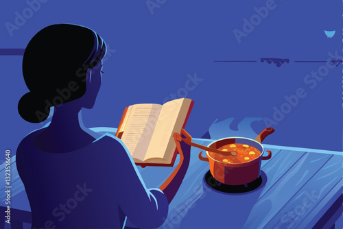 A loving mother, focused and smiling, checks a recipe book while diligently stirring a pot of simmering food on the stove.