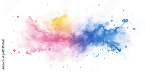 Watercolor colorful pastel color background splash, with pink, blue, and yellow on a white background.