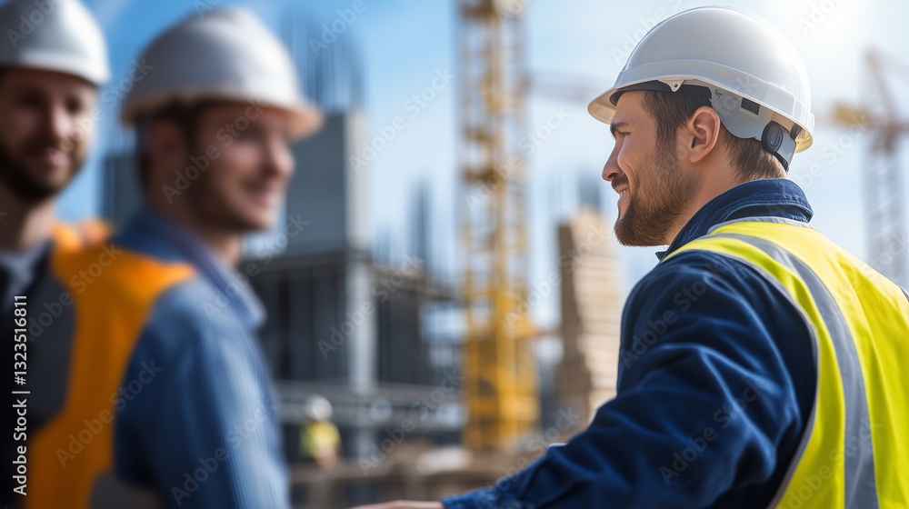 Group of Construction Workers in Safety Gear, Helmets on Building Site, Teamwork, Supervision, and Professional Engineering Work. Group of Construction Workers in Safety Gear, Helmets on Building Site, Teamwork, Supervision, and Professional Engineering Work.