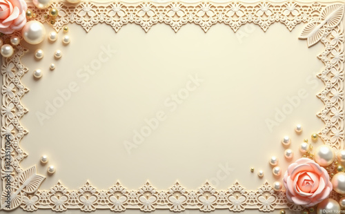 Romantic vintage border with soft lace patterns and delicate pearls in pastel pink and cream colors