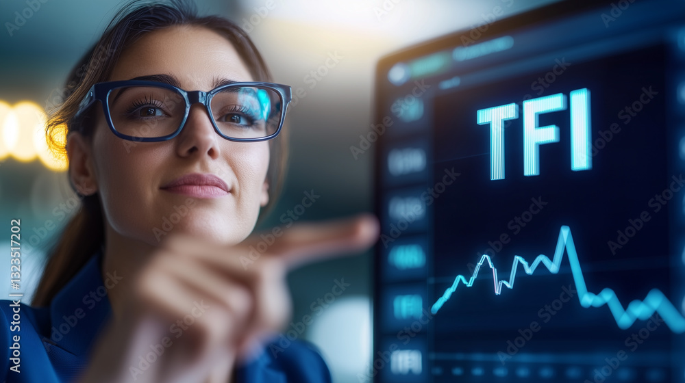 Obraz premium Kobieta w Okularach Przy Wykresie Giełdowym, TFI, Inwestycje, Fundusze, Finanse i Analiza Rynkowa, Towarzystwo Funduszy Inwestycyjnych.
