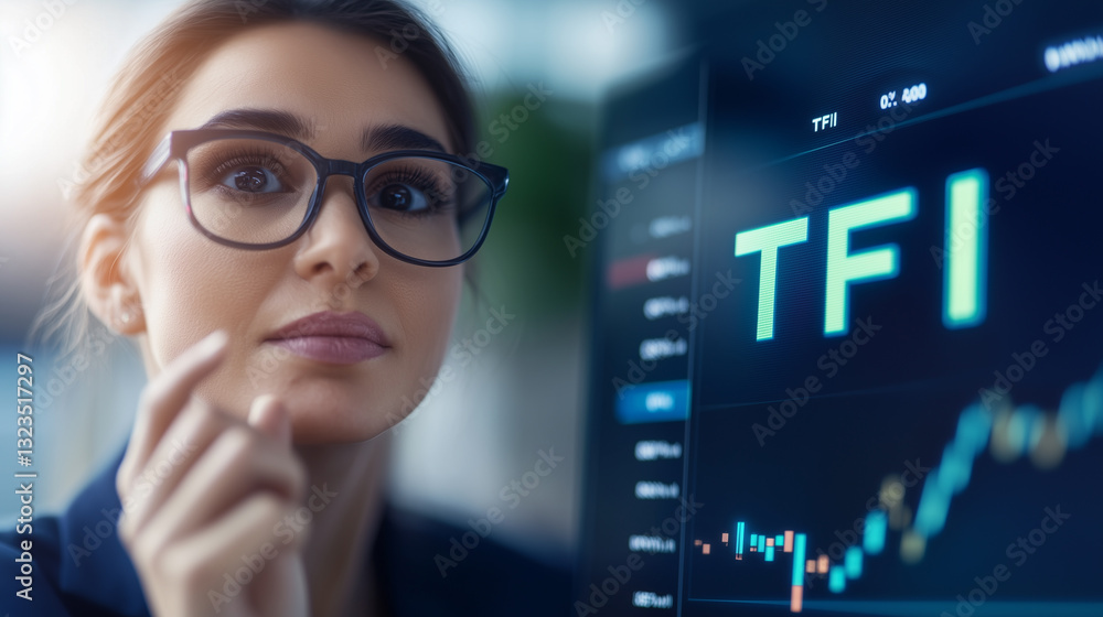Obraz premium Kobieta w Okularach Przy Wykresie Giełdowym, TFI, Inwestycje, Fundusze, Finanse i Analiza Rynkowa, Towarzystwo Funduszy Inwestycyjnych.