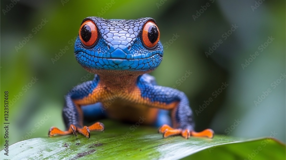 Obraz premium Vibrant blue gecko playfully poses leaf bright light. AI Generated