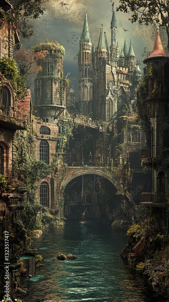 Fototapeta premium Enchanted Gothic Castle Ruins: A Surreal River Journey
