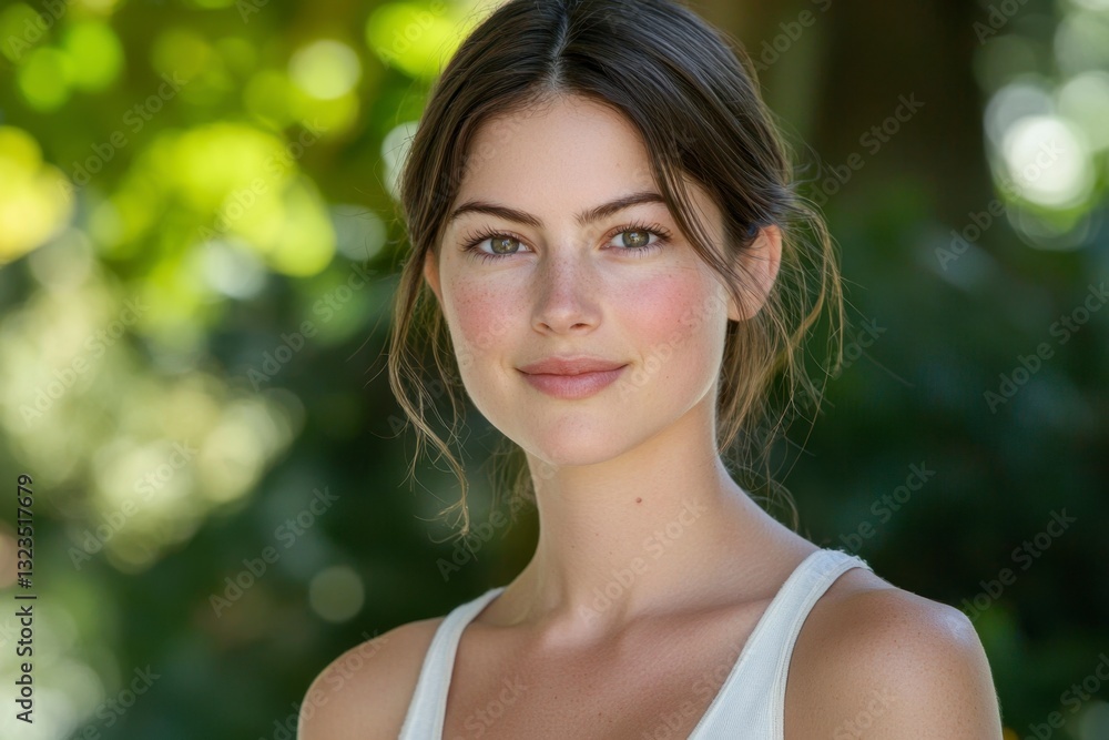Naklejka premium In this captivating close-up, a smiling woman exudes natural beauty, her face framed by soft features and a genuine expression of joy Her minimal makeup enhances, rather than obscures, her inherent