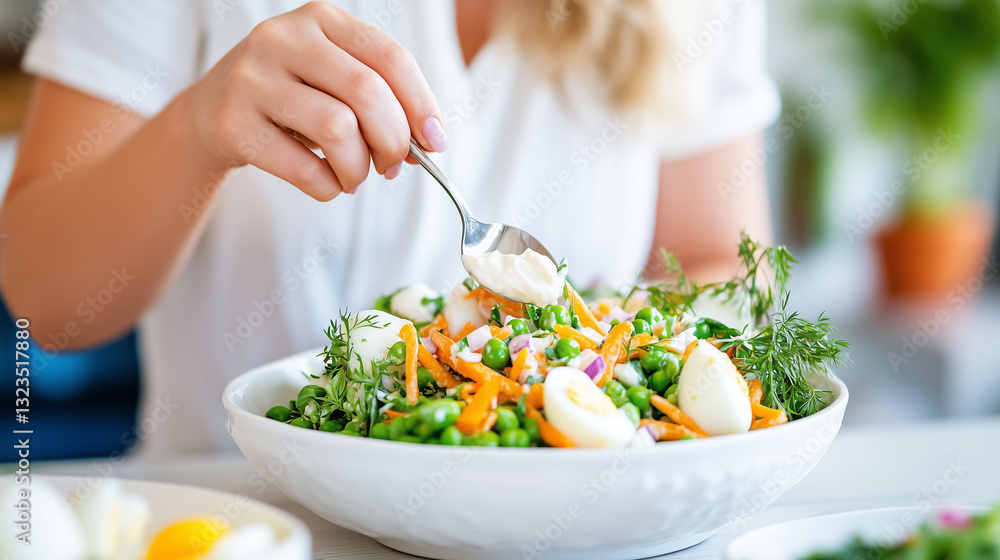 Fresh Vegetable Salad with Eggs and Woman’s Hand Adding Creamy Dressing, Healthy Homemade Meal Preparation. Fresh Vegetable Salad with Eggs and Woman’s Hand Adding Creamy Dressing, Healthy Homemade Meal Preparation.