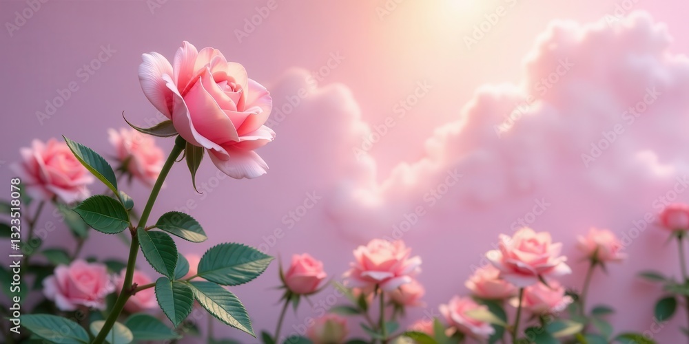 A Delicate Pink Rose Blooms Under a Soft Pink Sky, Surrounded by a Garden of Similar Roses A Delicate Pink Rose Blooms Under a Soft Pink Sky, Surrounded by a Garden of Similar Roses