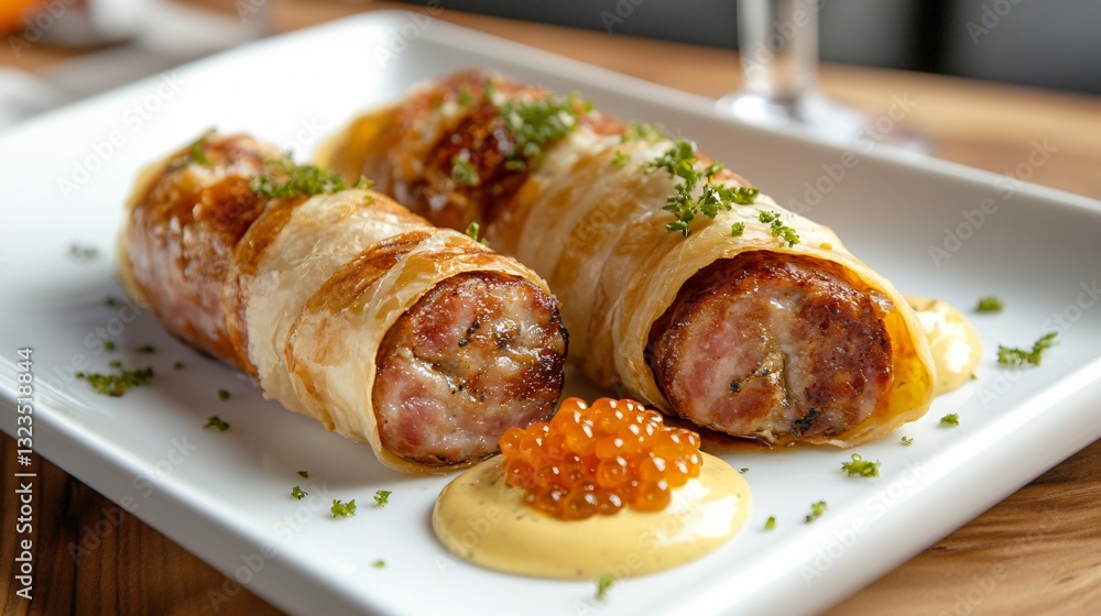 A modern deconstructed pigs in a blanket dish, featuring separate elements of high-quality sausage, buttery pastry, and mustard caviar, on a contemporary white dish A modern deconstructed pigs in a blanket dish, featuring separate elements of high-quality sausage, buttery pastry, and mustard caviar, on a contemporary white dish