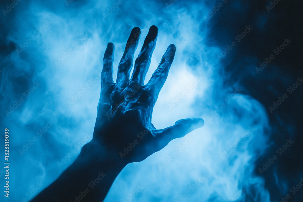 Mysterious hand reaching through blue smoke dramatic scene artistic photo fog dark image light power Mysterious hand reaching through blue smoke dramatic scene artistic photo fog dark image light power