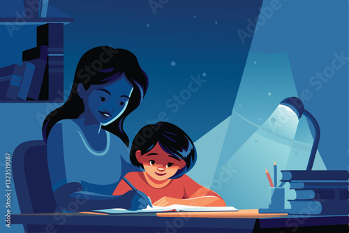 A loving mother patiently assists her child with their homework at a cluttered yet cozy study desk.  Warm lighting illuminates the scene.