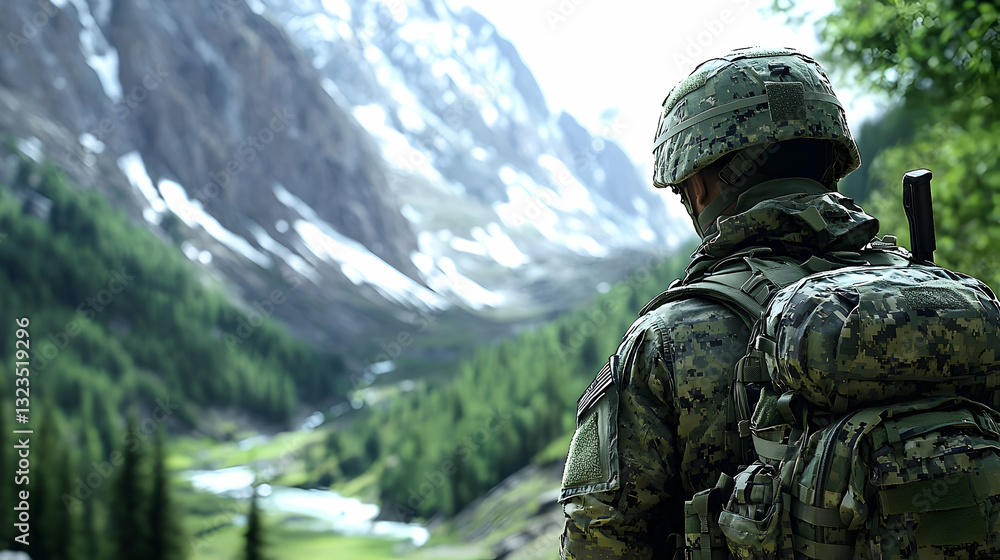 A soldier in uniform observes a mountain range with snow A soldier in uniform observes a mountain range with snow
