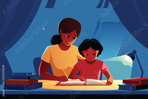 A loving mother patiently assists her child with their homework at a well-lit study desk in a cozy home.