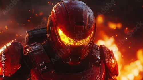  A battle-ready soldier in heavy red armor with glowing yellow eyes, standing firm as the fiery battlefield reflects off their suit.