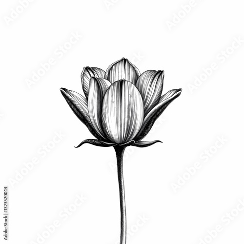Lotus Bloom: A delicate lotus flower in elegant black and white illustration, its petals perfectly arranged, symbolizing purity and serenity.