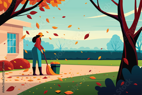A joyful mother sweeps autumn leaves in a sunny yard, wearing casual clothes.  Golden sunlight illuminates the scene.