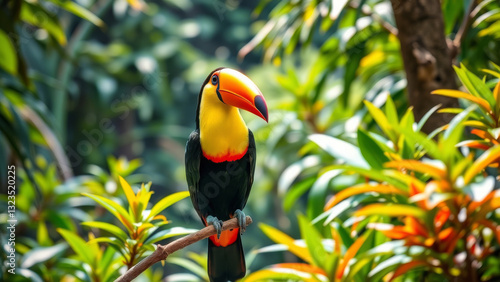 Medium shot of a toucan perching on a branch with a vibrant yellow and orange beak under natural light in a lush green jungle.