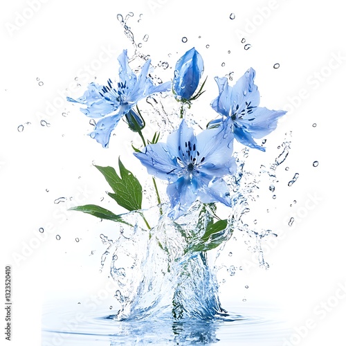 Beautiful blue wild flower in splashing water ,front view .white background