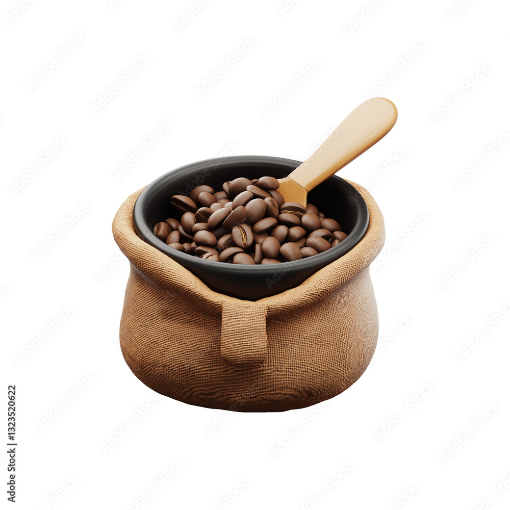 Fototapeta premium 3D Coffee Beans in Burlap Sack with Wooden Spoon – PNG Cutout