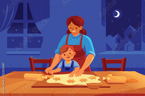 A heartwarming scene of a mother patiently guiding her young child in baking chocolate chip cookies, flour dusting their aprons.  Close-up shot emphasizing their joyful interaction.