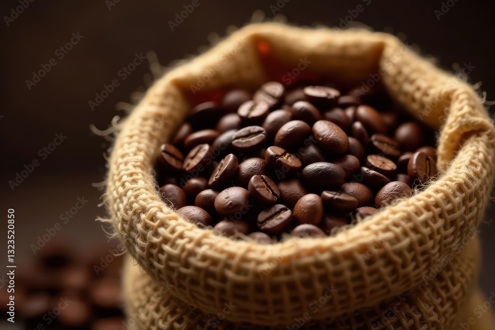 Fototapeta premium Dark roasted coffee beans overflowing burlap sack, roasted coffee beans, caffeine