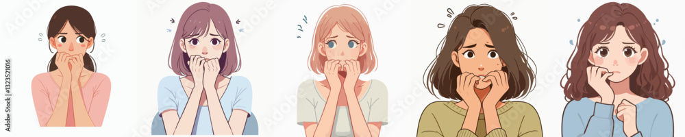Vector of Young woman feeling anxious and biting her nails Vector of Young woman feeling anxious and biting her nails