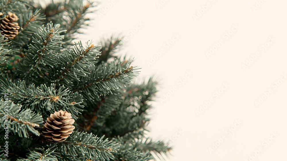 Closeup of Evergreen Pine Tree with Cones Against a Subtle Cream Background in Winter Closeup of Evergreen Pine Tree with Cones Against a Subtle Cream Background in Winter