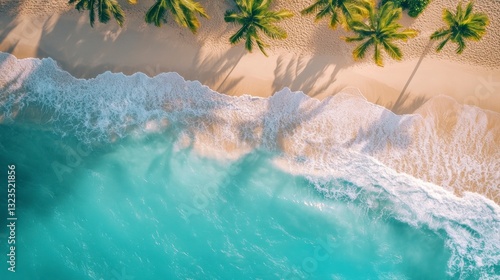 Aerial View of Tropical Beach with Turquoise Water and Palm Trees