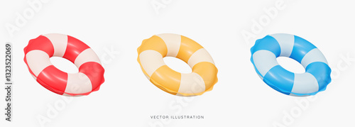 3D Inflatable swimming ring in red, yellow and blue icon set. Rubber pool toy. Swim lifesaver. Summer time objects. Travel and vacation. Cartoon design icons isolated on white. 3D Vector illustration