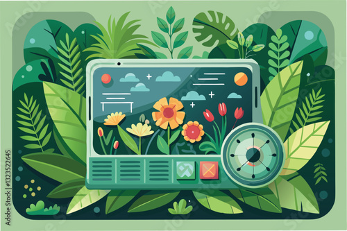 Colorful vector illustration of a nature scene featuring vibrant plants and a weather station surrounded by flowers in a serene landscape