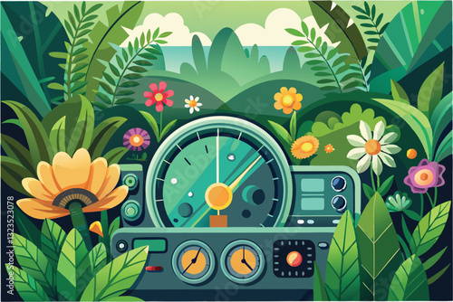 Colorful vector illustration of a nature scene featuring vibrant plants and a weather station surrounded by flowers in a serene landscape