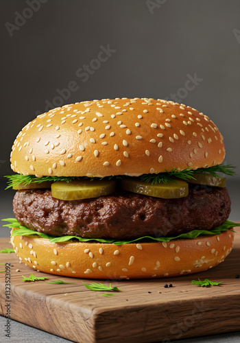 Obraz na płótnie Delicious juicy hamburger with sesame seed bun, beef patty, and pickles on a rustic wooden board w salonie