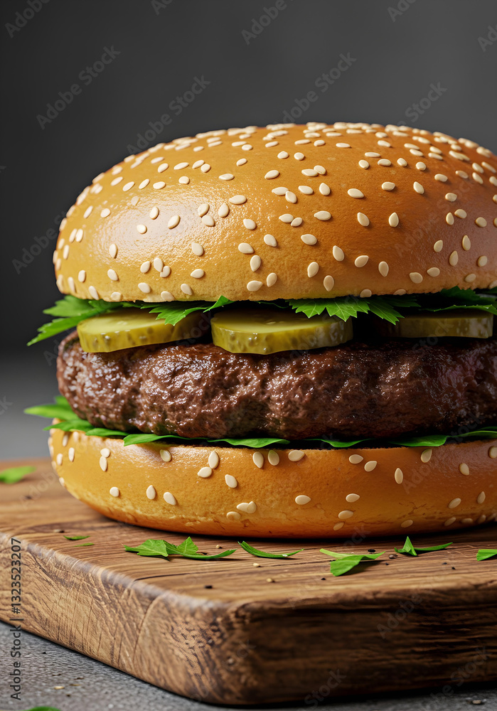 Delicious juicy hamburger with sesame seed bun, beef patty, and pickles on a rustic wooden board