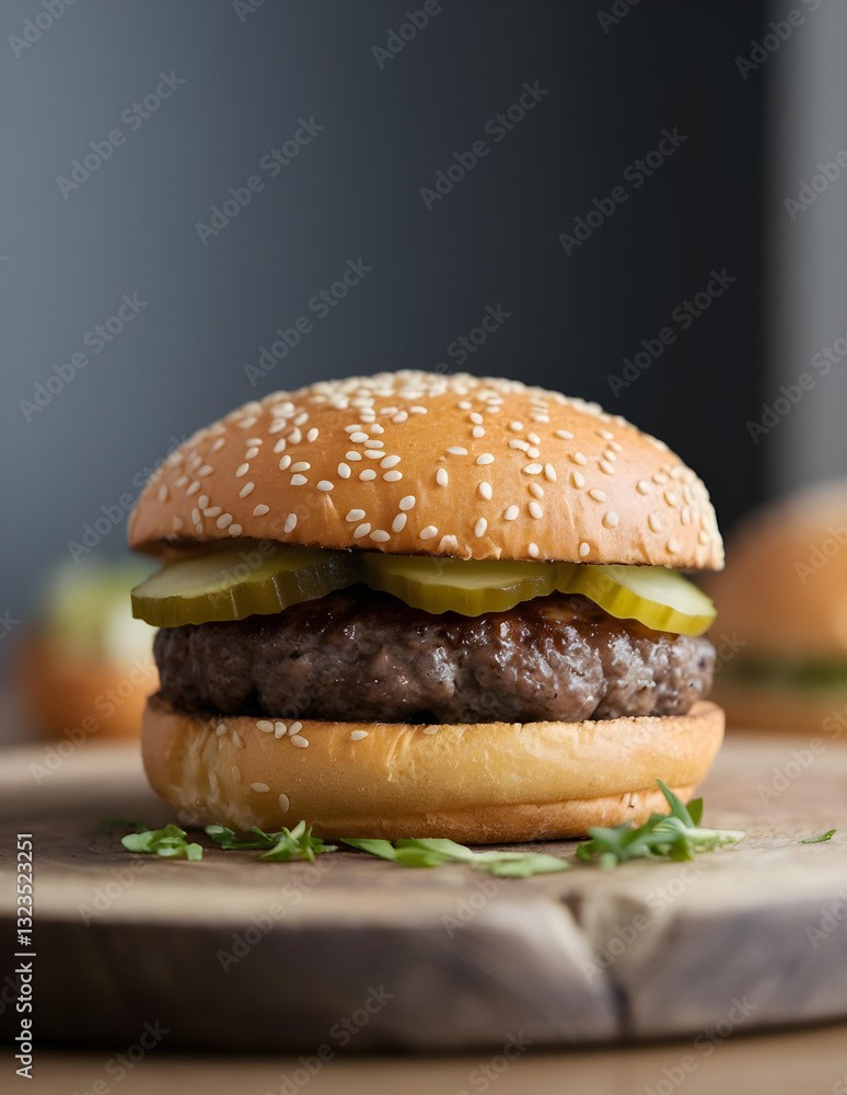 Delicious juicy hamburger with sesame seed bun, beef patty, and pickles on a rustic wooden board