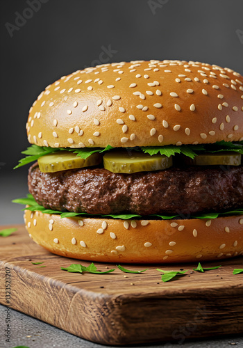 Delicious juicy hamburger with sesame seed bun, beef patty, and pickles on a rustic wooden board