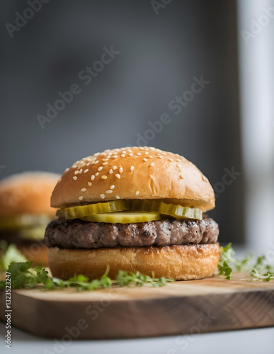 Delicious juicy hamburger with sesame seed bun, beef patty, and pickles on a rustic wooden board