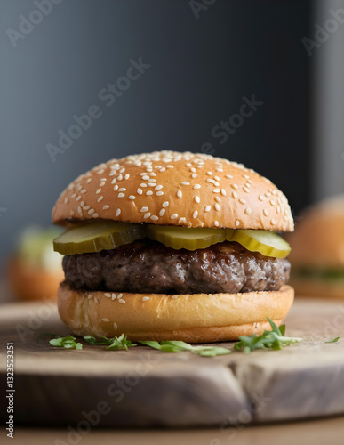 Obraz na płótnie Delicious juicy hamburger with sesame seed bun, beef patty, and pickles on a rustic wooden board w salonie