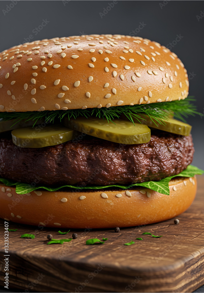 Delicious juicy hamburger with sesame seed bun, beef patty, and pickles on a rustic wooden board