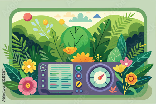 Colorful vector illustration of a nature scene featuring vibrant plants and a weather station surrounded by flowers in a serene landscape