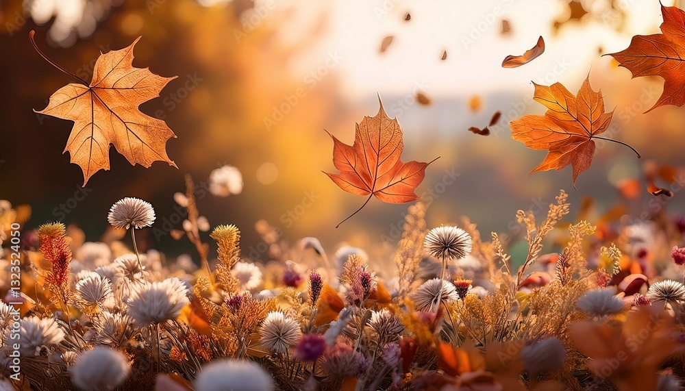 Autumn leaves gently falling over a bed of dried flowers — creating a warm, nostalgic atmosphere of fall beauty.
Autumn leaves gently falling over a bed of dried flowers — creating a warm, nostalgic atmosphere of fall beauty.